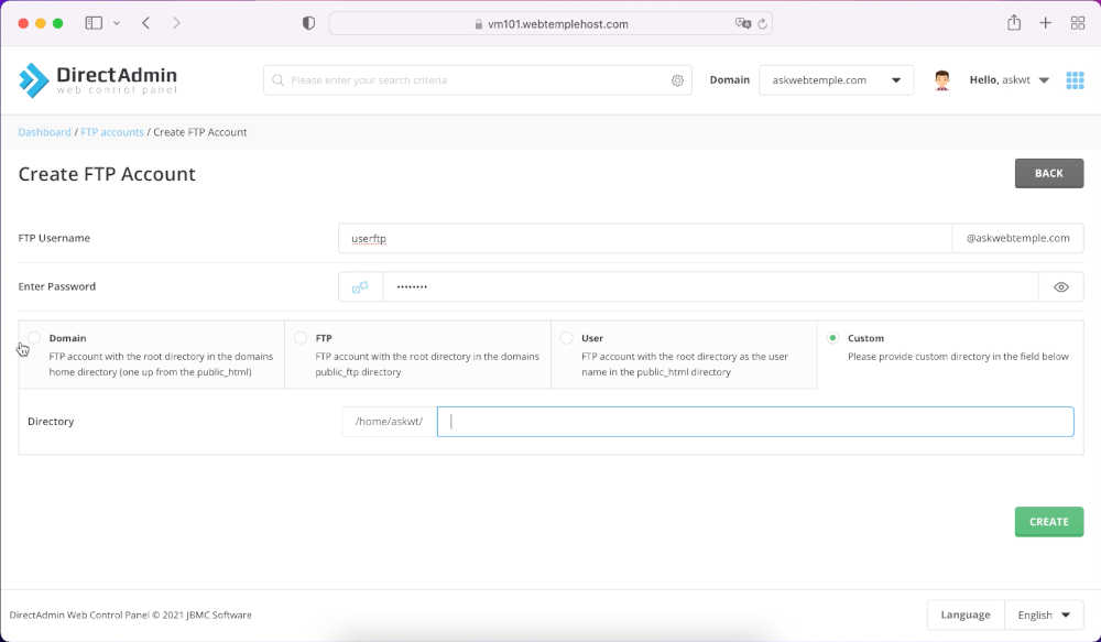 directadmin-ftp-account-creation-screen