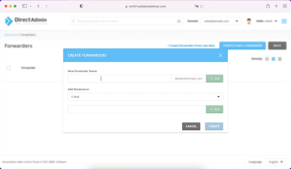 directadmin-email-forwarder-main-screen