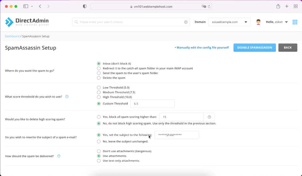 directadmin-spam-assassin-configuration-screen